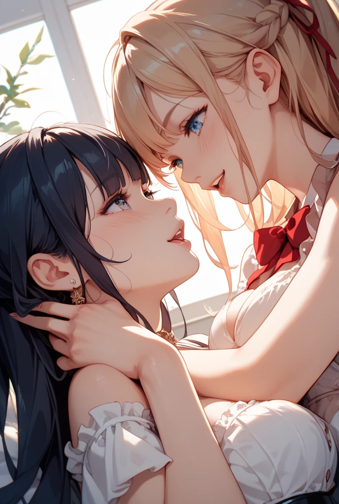 (2girls:1.5), (a girl under the breasts of a giantess: 1.2), (height difference:1.5), (size_difference:1.3), princess bedroom, lingerie (giantess:1.5), cleavage, bent over, muscular, (girl under her breasts: 1.1), princess, professionally drawn, (huge breasts), (cleavage sweat), (anime drawing:1.1), (simple bold lines: 1.1), (anime:1.1), (very cute anime girl), (bright), (low contrast), (prettiest teenage girl), (mature face: 1.4), (tall girl with big breasts: 1.2), (looking at another: 1.2), (yuri:1.1), (two girls looking at another: 1.2)