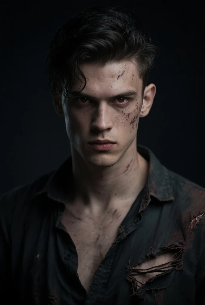 score_9, score_8_up, score_7_up, score_6_up, score_5_up, score_4_up, tag1, tag2, realistic photo from the waist up, zombie man, scary face, skull bones are visible, eye sockets are caved in, rotten skin, torn T-shirt, looking at the viewer, gloomy light passes through the hair,  dark lighting, little light, dim light, depth of field, bokeh