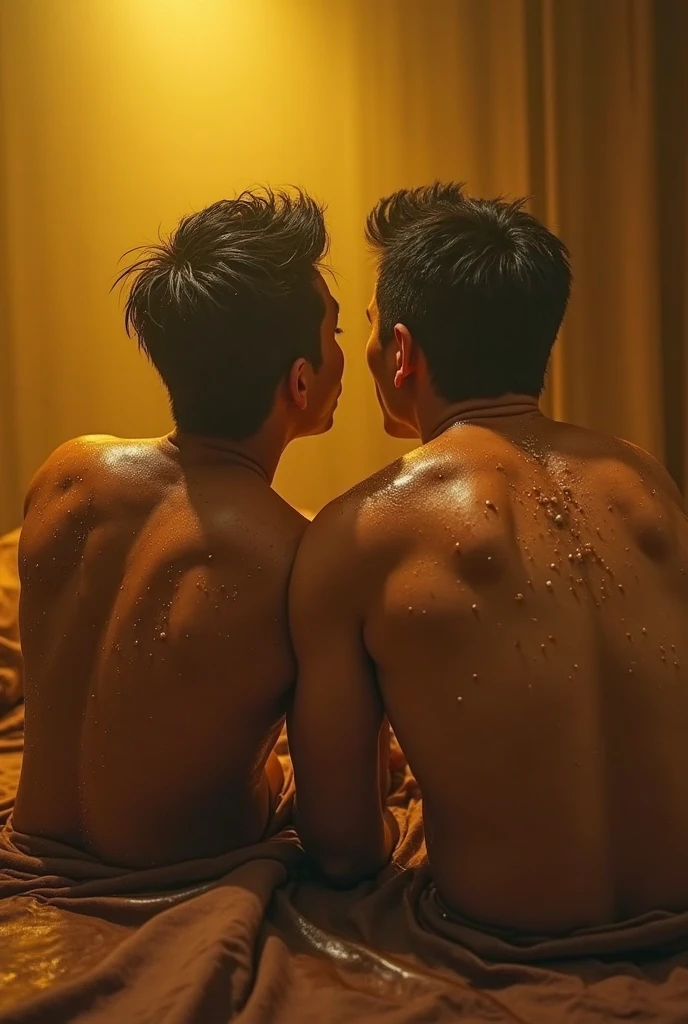 Generate an image of a handsome young man being embraced tightly by his male friend in a deeply romantic gesture after a shower. Both men are wet, covered in lather from soap and shampoo, adding to the intimacy of the moment.

The scene takes place in a bright and airy bathroom, with sunlight streaming through a partially open window, casting a warm glow on the wet, glistening bodies of the two friends. Droplets of water cling to their skin, sparkling like diamonds in the sunlight.

The embrace is tender and genuine, with both men holding each other closely, their expressions filled with affection and warmth. The scent of fresh soap and shampoo fills the air, adding to the sensory experience of the moment.

In the background, we see the steam rising from the shower, adding to the ambiance of relaxation and comfort. Despite the simplicity of the setting, the love and connection between the two friends are palpable, creating a moment of pure, unspoken intimacy.