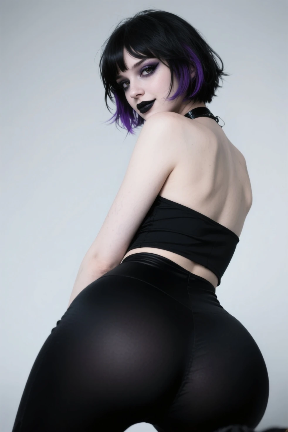 Sexy Caucasian female, (((black bangs hair, braided twin tails))), (((sexy young Wednesday from the Adam’s Family))), (((black satin mini dress))), she is wearing a skimpy retro black dress, fitted black and purple blazer, retro solid black dress, thick black belt with gold belt buckle, deep purple hairband, ((Wiccan star tattoo on ankle)), ((septum nose ring))), string of black and gold daisy flower necklace, ultra sheer high gloss black pantyhose, cute pantyhose feet, bedroom bed, posing on bed with legs out to the side sticking butt out, sitting on side and turning around, posing on bed with legs together and out to side, side profile view of woman showing, the skirt of her dress is lifted exposing her shiny brown pantyhose and pantyhose cameltoe, sticking pantyhose butt out to the side, asshole and shaved vagina is visible through her sheer pantyhose, she grabs her own ass to spread it open in pantyhose, press on asshole with your fingers, spreads oped asshole with fingers through pantyhose, she rubs and touches her asshole through her pantyhose, (((rub your own asshole through pantyhose, touch the pink of your asshole))), fingers her asshole through her pantyhose, pantyhose go inside her asshole with fingers, pink asshole, anal, fingering anus, pink insides of pussy visible through pantyhose, pantyhose ass gap, pantyhose crotch visible, all black and deep purple bedroom with purple and black goth bedding, goth black bed, Halloween decor in bedroom, UHD, photorealistic