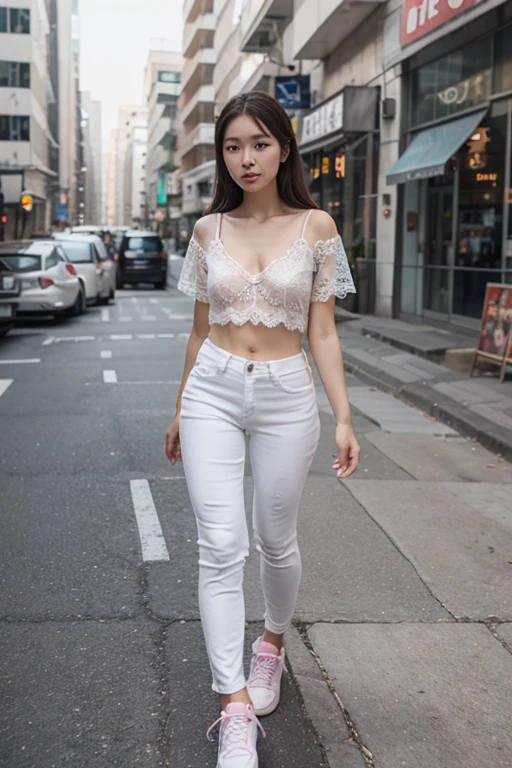 Sweet beautiful Bogor city girl, georgeus face, 25 years old, slim body, roman nose, wavy black hairs with a bangs, descent mixed from sundanese and javanese, wearing white thin low waist full see through lace trousers, wearing thin see through long sleeve white buttoned lace dress, hairy vagina exposed clearly through the trousers, wearing high heels, no panty, no bra, very realistic, very detail, running cheerful in the sunny morning, very cute laughing, her body and her messy dense pubic hairs are exposed through the clothes, sun shining her body through the clothes,