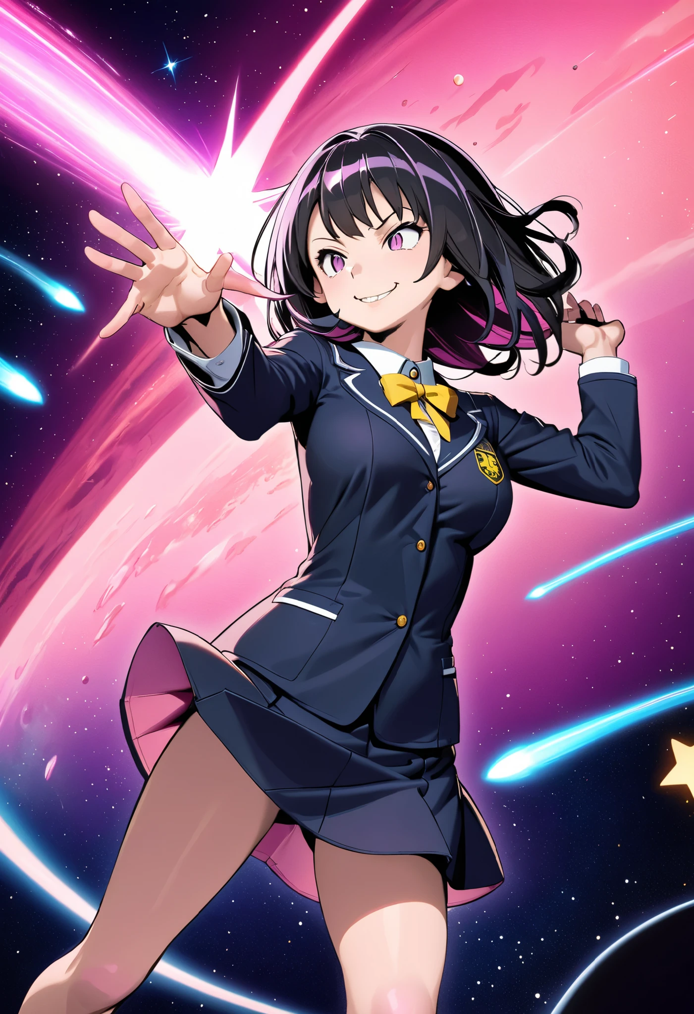 girl, black hair smirks, school clothes, pink space background, stars, comets, of the planet, shine, dynamic pose, bottom view
