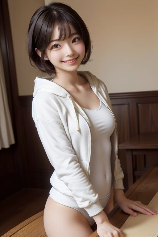 Masterpiece、Best Quality、Illustration、 Super detailed、Fine details、 High resolution、8K Denden Wallpaper、Perfect dynamic composition、Cute 19 year old college student、Sweet girl、Detailed beautiful face、Detailed cute eyes、Textured skin、A modest smile、Short Hair、Small breasts、Summer hoodies、Bold sexy pose、