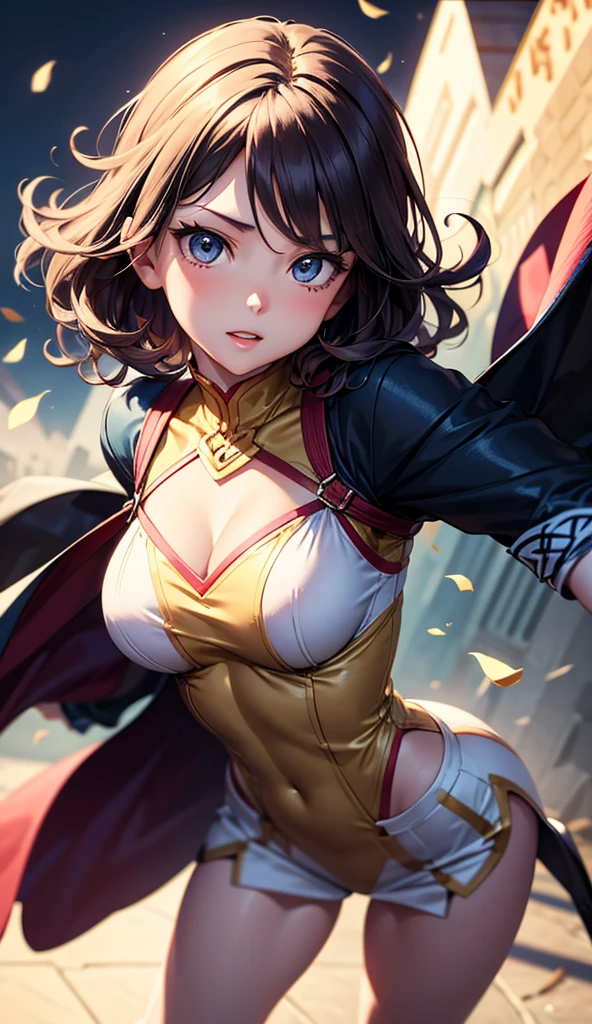 1girl, Kaelara Sundancer, 25, Flamara user, dancing in a warm aurora lights setting, surrounded by subtle flames, wearing a flame-patterned costume with flowing, curly brown hair, warm smile, and sparkling eyes, low-res fire effects in the background, dynamic pose, (close-up face), (gentle expressions), (warm atmosphere), (soft lighting), (outdoor-seeming setting), (high contrast), (defined subject)