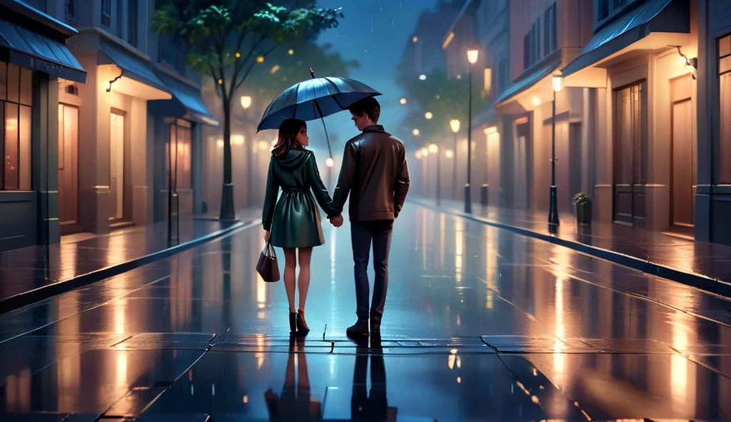 a female and a male with long dark hair, stand and back on to each other, lonely, one side is full of light, one side is dark, rainny, on the street, poddle of water on the road, reflecting, polar opposites, symmetry, panorama, perspective, ray tracing, reflection light, depth of field, masterpiece, best quality, high details, high quality, textured skin, ccurate, UHD, HD