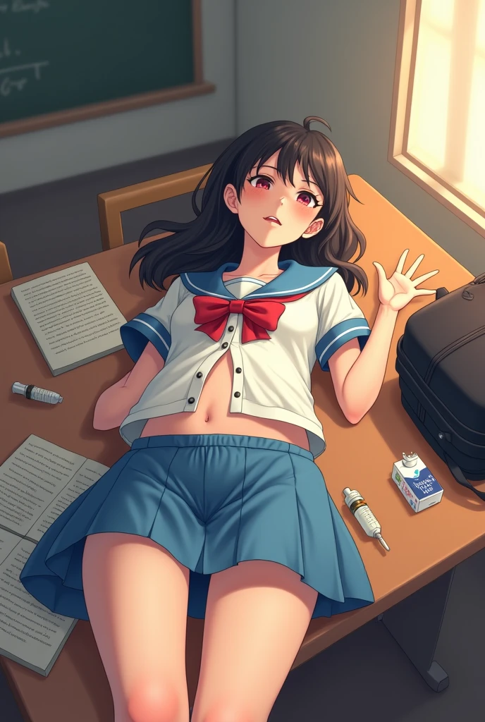 (best quality, masterpiece:1. 2), highly detailed, HDR, 20 years old (Catholic school uniform), , looking at the viewer, (beautiful detailed eyes, beautiful detailed lips, extremely detailed eyes and face, long eyelashes), (shapely, rounded, hourglass) body, (beautiful detailed breasts, shapely breasts, firm breasts), (shapely, toned) legs, very sexy, (cocky smile, devious), at school, underboob, (lying on the desk, reclining position)