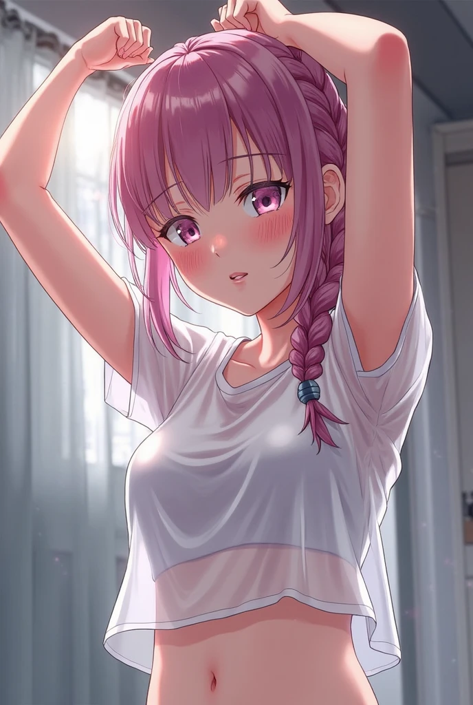 masterpiece, highest quality, very detailed, girl,twin tails, pink hair, hair ornaments,hair bobble, blue eyes,indoors,shirt lift,bottomless,orgasm