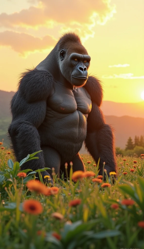 cinematic photo, (masterpiece, best quality:1.2), gorilla grodd, solo, Standing in the doorway pose, smile,((lying on white aspen land), Phalaenopsis over the place:1.2),35mm photograph, film, bokeh, professional, 4k, highly detailed