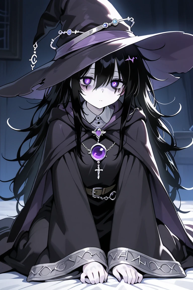 (masterpiece, Best quality, ultra detailed, best shadow), (detailed background,dark fantasy), (beautiful detailed face), high contrast, (Better lighting, very gentle and beautiful), ((cinematic light)), colorful, hyperdetailing, dramatic light, complex parts, (elf, 1 girl, black hair, Blue eyes, hair between eyes, black clothes, Purple witch hat, crying, Sad face (swirling black light around the character:1.5), depth of field, (beautiful detailed eyes), (Full length character), (Sitting in the water), (heavy rain), (side view)