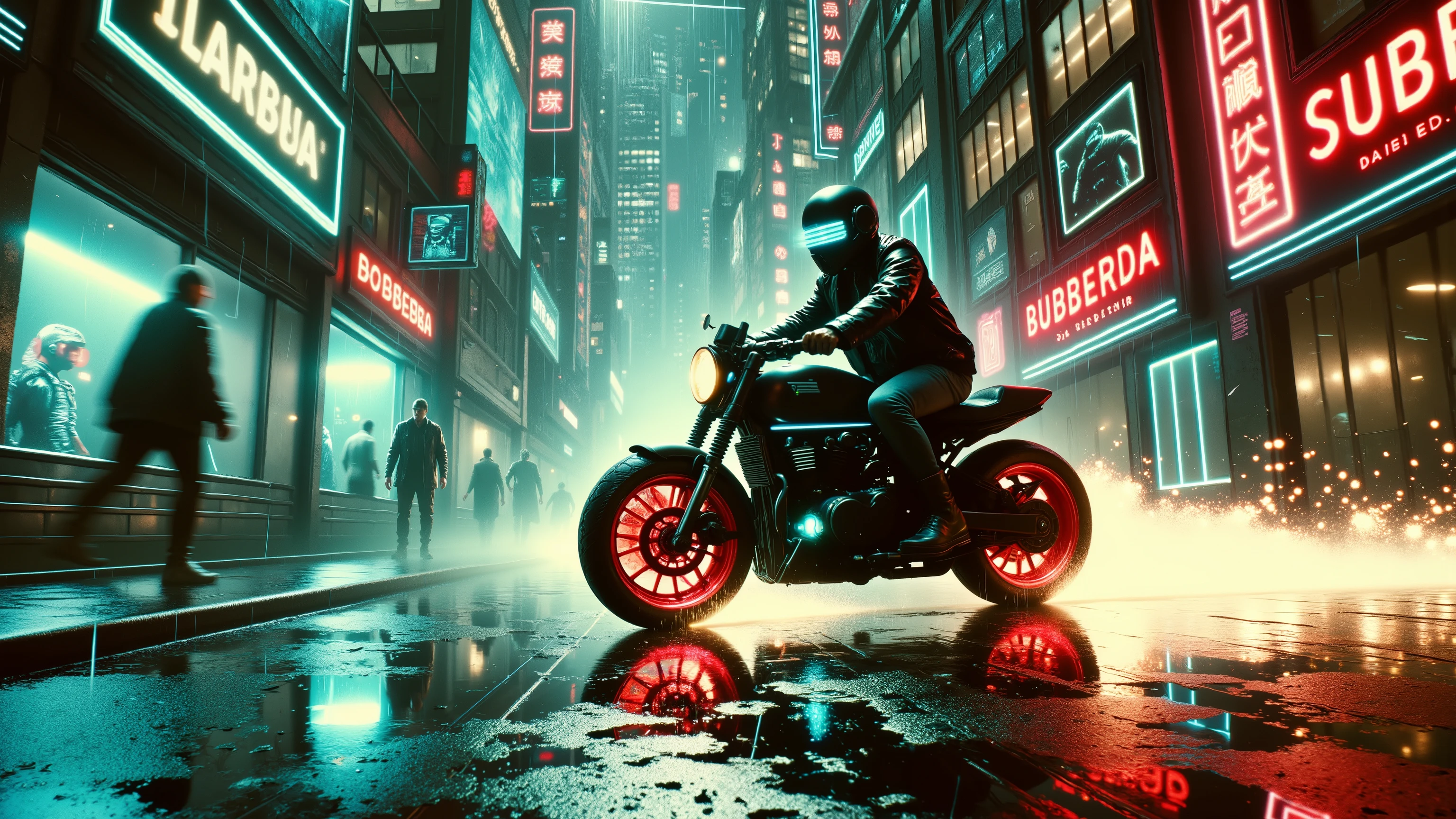 A lone biker in a neon-lit street escaping through the rain at night — futuristic motorcycle with glowing wheels and retro-futuristic design, sparks flying behind, rain hitting the asphalt, city lights blurred in the background, driver in a helmet with glowing visor and leather jacket — dramatic chase atmosphere, Blade Runner style, 80s synthwave colors, cinematic motion blur. 4k