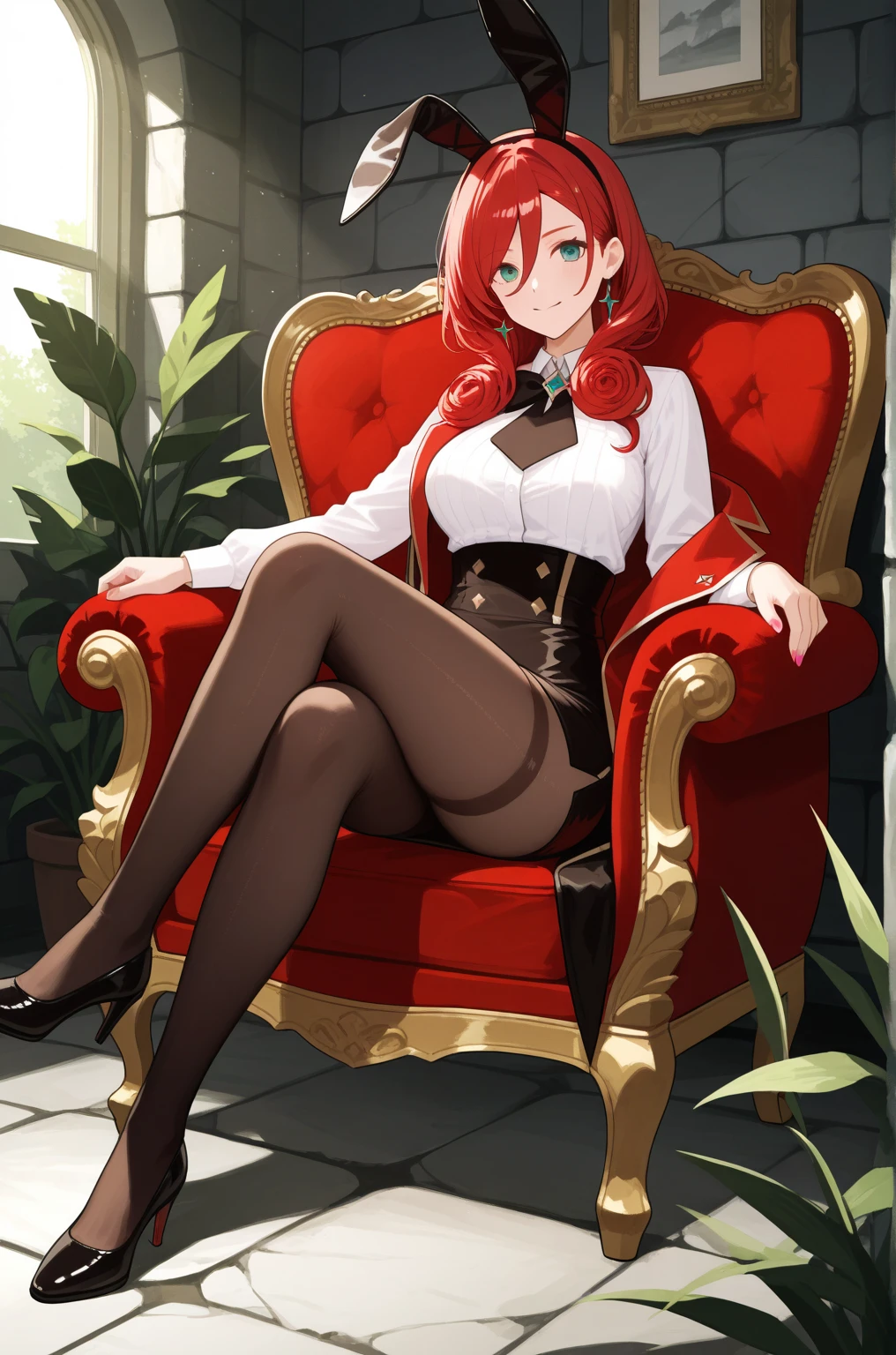 Erza Scarlet is one of the main characters in the series. The young woman with scarlet hair and brown eyes is described as an amazing woman, very strict and who does not admit when others make mistakes. She's a slender, Figura elegante com curvas bem desenhadas. Her most common attire consists of a corset with custom-made laces, a pair of black pants, Botas pretas e brincos em forma de diamante, in high resolution, circunstanciado ((melhor qualidade))