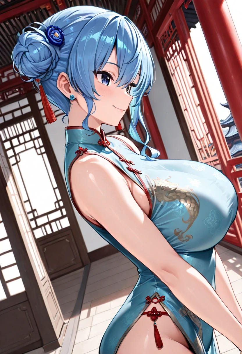 (top-quality、in 8K、32K、masterpiece、nffsw、超A high resolution、Impresionismo、Photorealsitic:1.2)、Colossal tits、cowboy shot、Beckoning pose、 detailed faces and eyes、 mid night、nightcity、Dim Street Lights、A jack-o'-lantern is placed on the road、beauitful face、blurry backround、16-year-old beautiful girl、shinny skin、qipao dress、kanzashi、Beautiful light blue hair、Bun hair、Blunt bangs、Eyes are yellow eyes、(Show cleavage:1.2)、high-heels、Look up to the fan、Curve、Stand on one knee、(qipao dress:1.2)、A smile with open mouth and fangs bared、cross one's legs