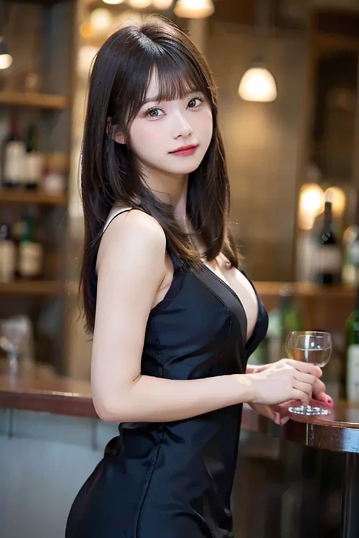 (Highest quality, masterpiece, Ultra-high resolution, 8K, RAW Photos, Realistic, Anatomically correct:1.5), 20-year-old girl:1.2, Embarrassing, avert your eyes, blush:1.0, View Viewer, ((bar)) 、Large windows、Night view、 Light:1.2, Bokeh, Cinema Lighting:1.0, Depth of written boundary, sharp、 Cute face、Idol、Wine colored short sleeve lace top、Black pleated skirt、Shiny wine-colored clothing、”dwarf”、(Floral clothes)、(Full Body Shot)、Side angle、Cowboy Shot、 smile、((Ultra short hair、Berry Short))、(Straight bangs)、((See-through))、(( One Girl))、Waist、I can see your thighs、Large Breasts、