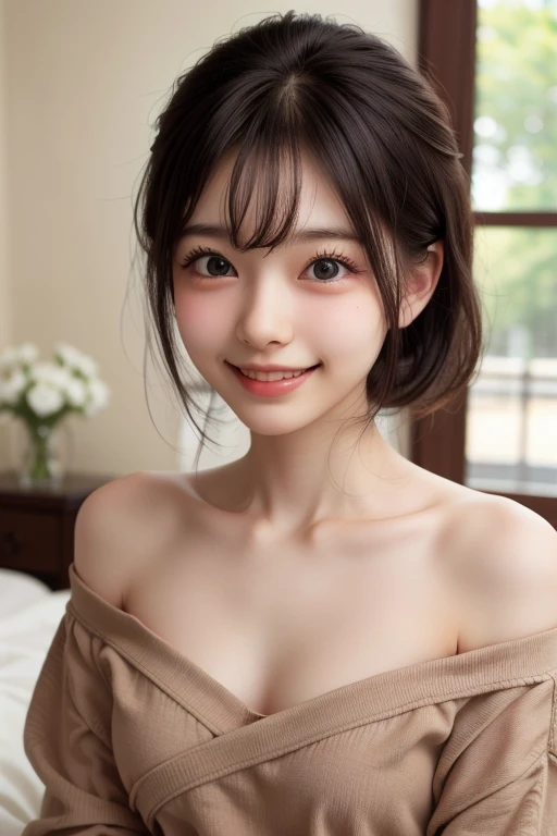 8K, Ultra-high resolution, Highest quality, masterpiece, 三分割法によるphotograph,Surreal, photograph, 1 Girl, (16 years old:1.3), pretty girl, Cute face, Beautiful eyes in every detail, 細かくdetailedに,masterpiece,, One Girl:1.2, Japan Female Announcer,  Virginia Otis 15 year old girl,close up,backlighting,Bob with bangs,（Black ribbon hair band)、（Brown eyeball：1.5)，Brown Hair，（Off-the-shoulder outfit：1.5），Sexually suggestive side boob、small breasts and narrow waist、Perfect figure，Perfect Proportions，View your viewers，（Office Room，Inside the room，にdetailedな背景：1.2），smile，Glossy Skin, Real skin texture, Natural light, Best lighting, detailedの背景, Shading of details, Sharp focus, Depth of written interface f/2, saturation, High contrast, 強烈なLight and shadow色気ムンムン,Sensual,A carefree smile,Heal the heart、beauty,Long neck、少しsmile、Please close your mouth and laugh、(((Ideal body type))),A cup small breasts :2,、Portraiture:2、Perfect Anatomy、なdetailed、detailed、Surreal、Light and shadow,Strong light