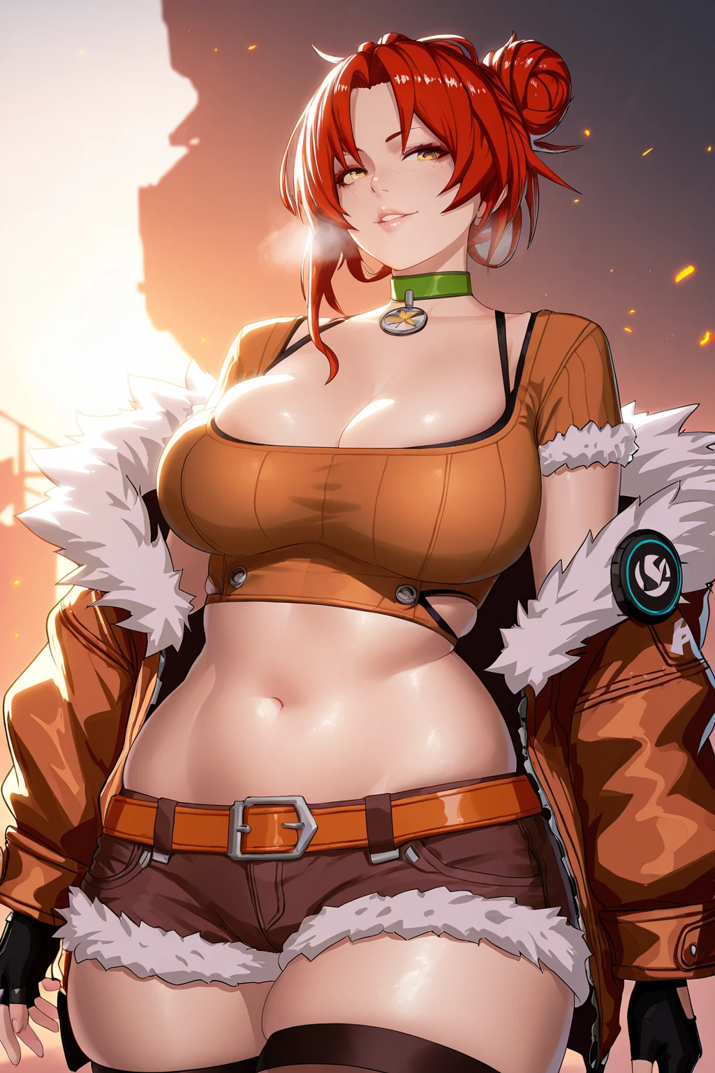 (minami_koyogi-style:1.4), (zonda_(solid_air)-style:0.8), ((anatomical correct)), ((embers)), ((Cinematic, unreal engine, eye-catching, ambient occlusion, UHD, masterpiece)), ((perfect lighting)), perfect body, perfect eyes, perfect fingers, gasping, heavy breathing, gasping profusely, ((skindentation)), ((curvy)), Murata Himeko, short hair,messy hair,hair up,single hair bun,hair one side up,forehead,parted bangs,yellow eyes, plump, 1girl, breasts, shorts, thighhighs, solo, navel, fur_trim, cleavage, crop_top, freckles, choker, jacket, gloves, belt, midriff, black_thighhighs, looking_at_viewer, short_shorts, fingerless_gloves, brown_shorts, smug, makeup, fur-trimmed_jacket, parted_lips, explosive, thighs, cowboy_shot, off_shoulder, green_choker, lips, fur-trimmed_shorts, ((flabby stomach))