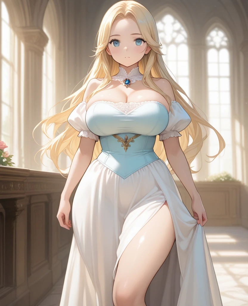 beautiful portrait, highres, 1girl, elegant medieval wife, long hair, swept bangs, light blonde hair, light blue eyes, detailed eyes, loose white dress, wide shoulder, thick body, inside castle, big breast, cleavage, a wife, elegant posture, elegant face