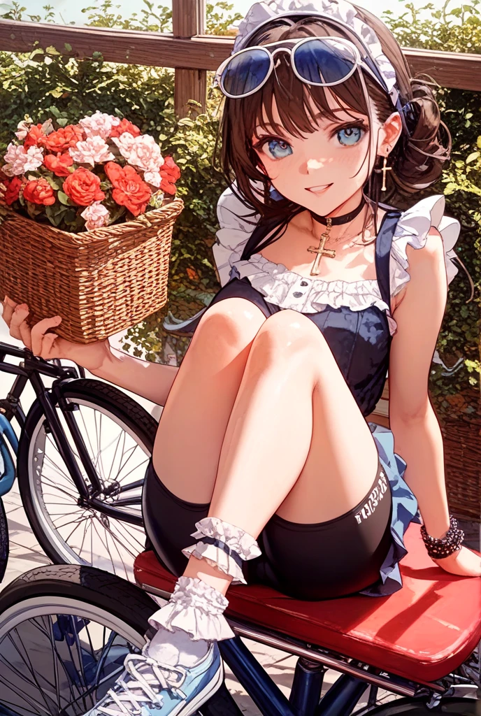 Watercolor, acrylic, free pose. depraved Russian girl sitting on a suitcase, in Soviet style, short summer dress, attractive tomboy girl, white polka dots, with a white collar and white cuffs, in the style of Mikhail Garmash, white socks and black strappy shoes, holding a buttercup in her hands, brown hair gathered in a neat bun, blurred background of a brick wall,dress 
 panties are visible above the waist!