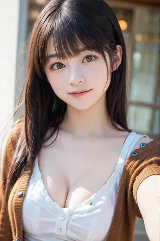 (masterpiece:1.3), (8k, Photoreal, RAW photo, best image quality: 1.4), japanese girl、、(random hairstyle:1.2)、(cleavage:1.2)、super detail face、pay attention to details、double eyelid、chest to chest、sharp focus:1.2、(cute woman:1.4)、light brown hair、bangs、highest quality、ultra high resolution、(Photoreal:1.4)、Highly detailed and professionally lit smiles、loose and light knitwear、thin、smile、long hair、upper body portrait