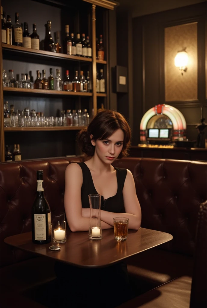 z0ey,medium length hair,sitting in a bar,(looking at viewer:1.2),(close-up:1.2),black dress,cloudy,volumetric fog,city street,(masterpiece:1.0), (best quality:1.0), (intricate details), flash photography