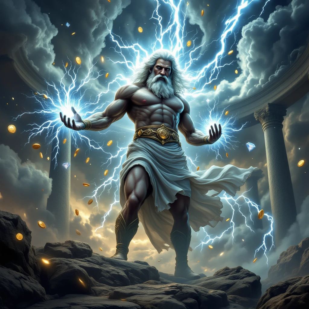 Digital Art. Greek God Zeus standing menacingly holding his thunderbolts