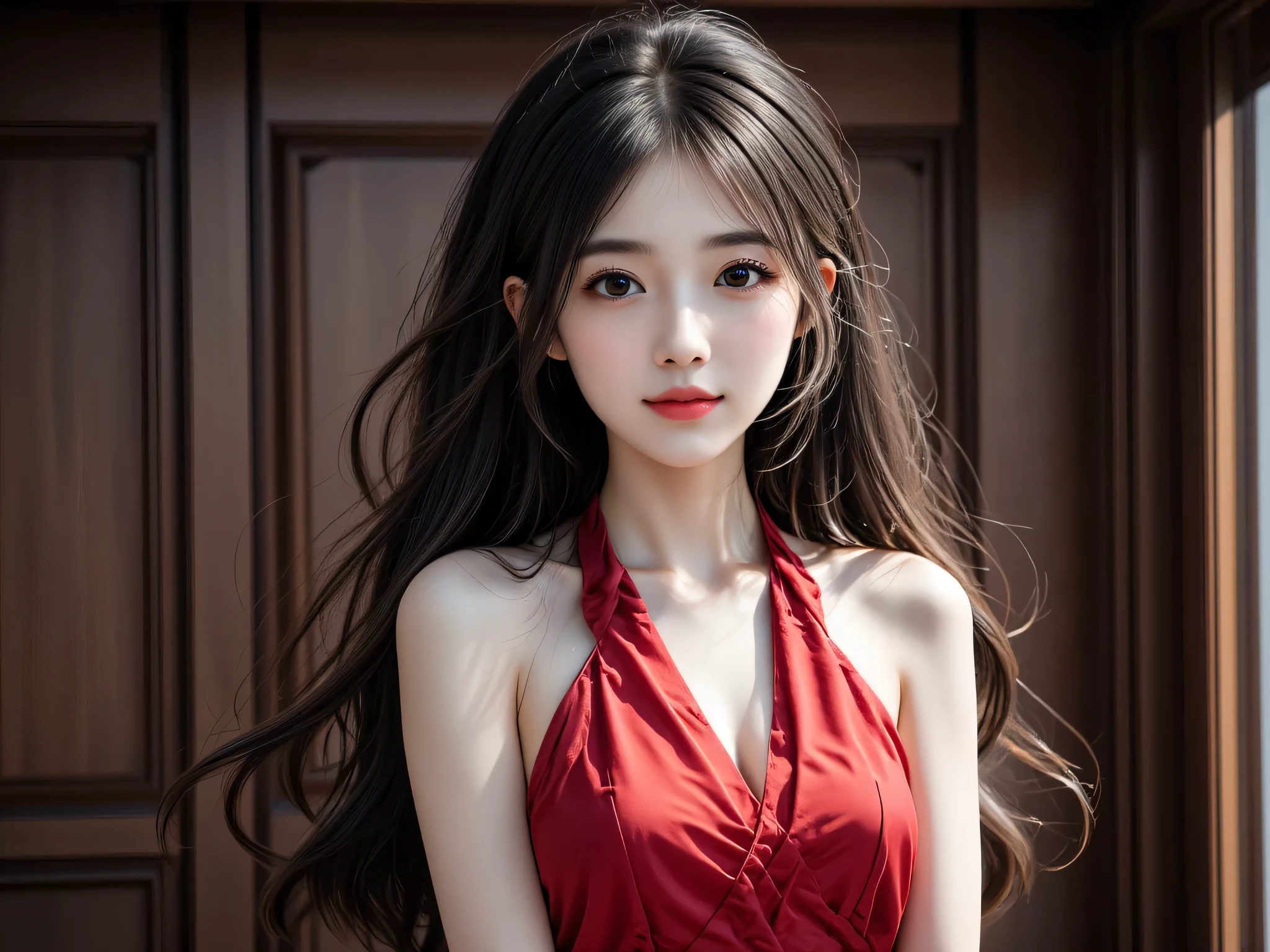 pretty girl, , Young face, standing, long layered hair style, big curls, party hairstyles, party curls, flat chest , Very beautiful, black hair, ผิวVery white, Very white, beautiful, Red Western Princess Dress, Red evening dress, complete, Chasing scenes, Run away, rear view, Royal Hall, elegant, side view, imagesเป็นพิเศษ , very fine, high quality , front view, standing, japanese, White skin,, arrogant face, thin, standing, images, Masterpiece,movies,8K resolution, Clear Details.