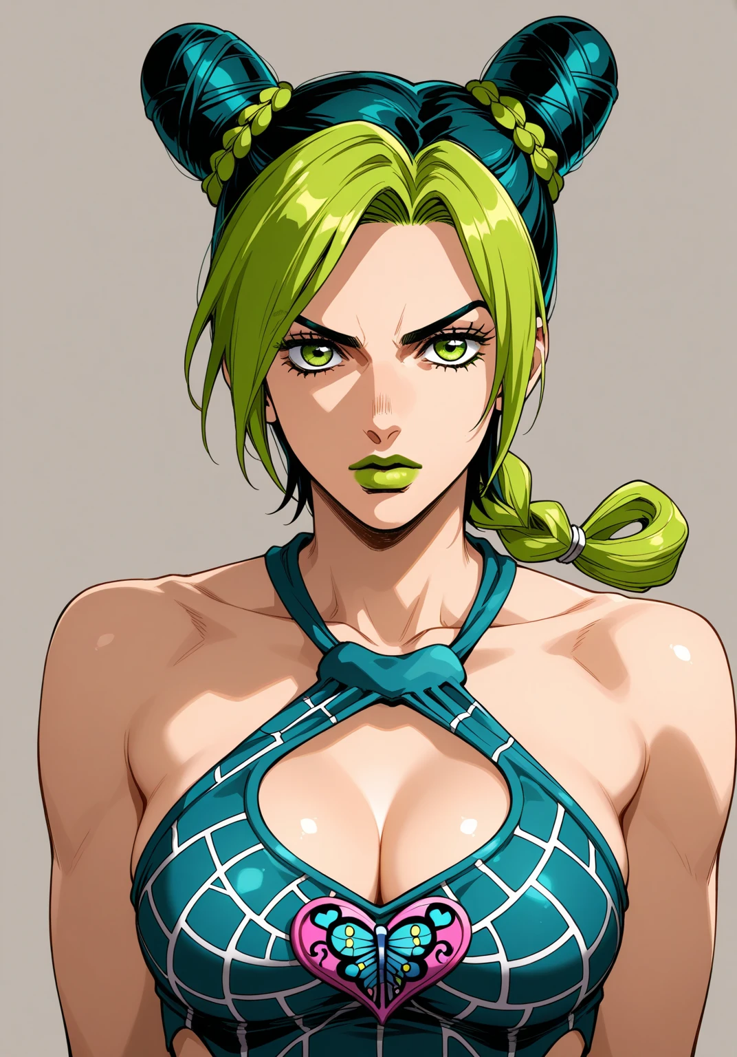 1girl, highres, sharp focus, closeup on face, pixiv masterpiece, ((intricate details)), highly detailed, brandish from fairy tail, brandish myu, one eye, detailed eyes, fair skin, short hair, green hair, green eyes, costume: sportswear, yoga pants, clothes in yellow and blue colors, calvin clein style sports bra, neckline, underboob, joy ride style, ilya kuvshinov,Anime Moe Artstyle, Female anime character, Anime character,