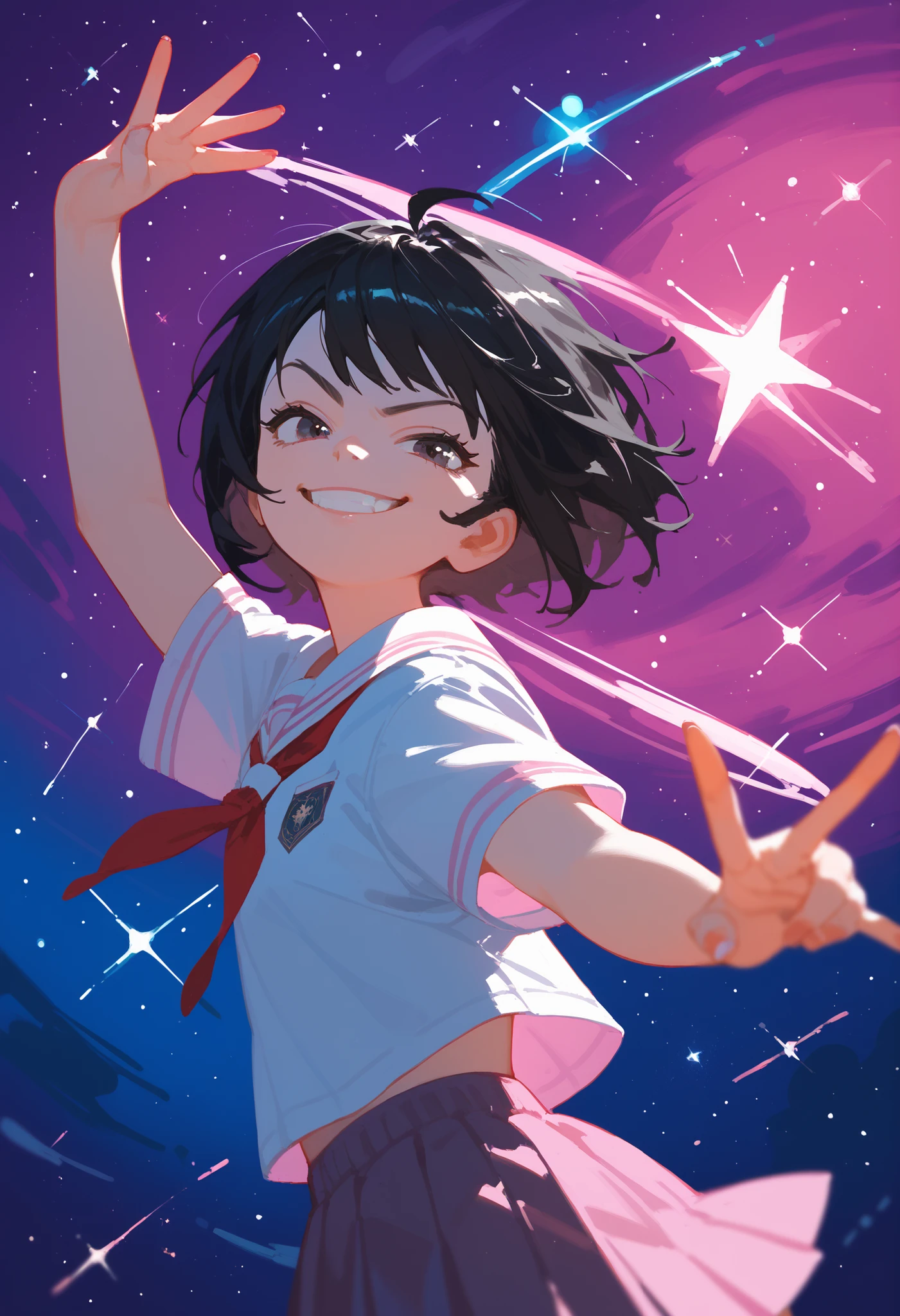 girl, black hair smirks, school clothes, pink space background, stars, comets, of the planet, shine, dynamic pose, bottom view
