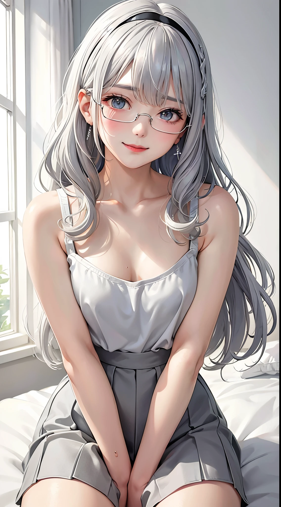 1Girl, Solo, Anime, Ideal body, down blouse, laced blouse, oversize, loose. (Small breast:1.1), (Hard nipples:1.1). Beautiful, Gorgeous, Fresh, Blunt Bangs, (White Grey Hair:1.5),(Straight and Wavy Long Hair:1.3), casual, eyeglasses, mini skirt, Comfort, cotton Texture. (Sit on bed:1.3). Earrings, Thin Black Headband, Green Accessories, Environmental Details, Bed Room, Natural Light, Modern Bed, Chair, Window, White Curtain, City View. pov, anime style, UHD, retina, masterpiece, accurate, anatomically correct, textured skin. High Resolution, Looking at the viewer, Blush, Best Quality, Award Winning, Accurate, Embarrassed, seductive smile, sweating, naughty smile, Naughty Face, Naughty, Gradient Eye Color, Sexy Pose. Cowboy Shot, licking lips.