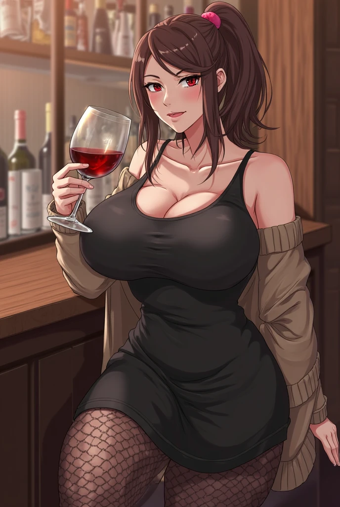cute [[curvy]] busty girl, huge breasts, cleavage, light brown weavy hair, evening makeup, earrings, glasses, drinking fruit cocktail, lace dress, lace stockings, pumps shoes, sit in bar chair in fantasy medieval bar