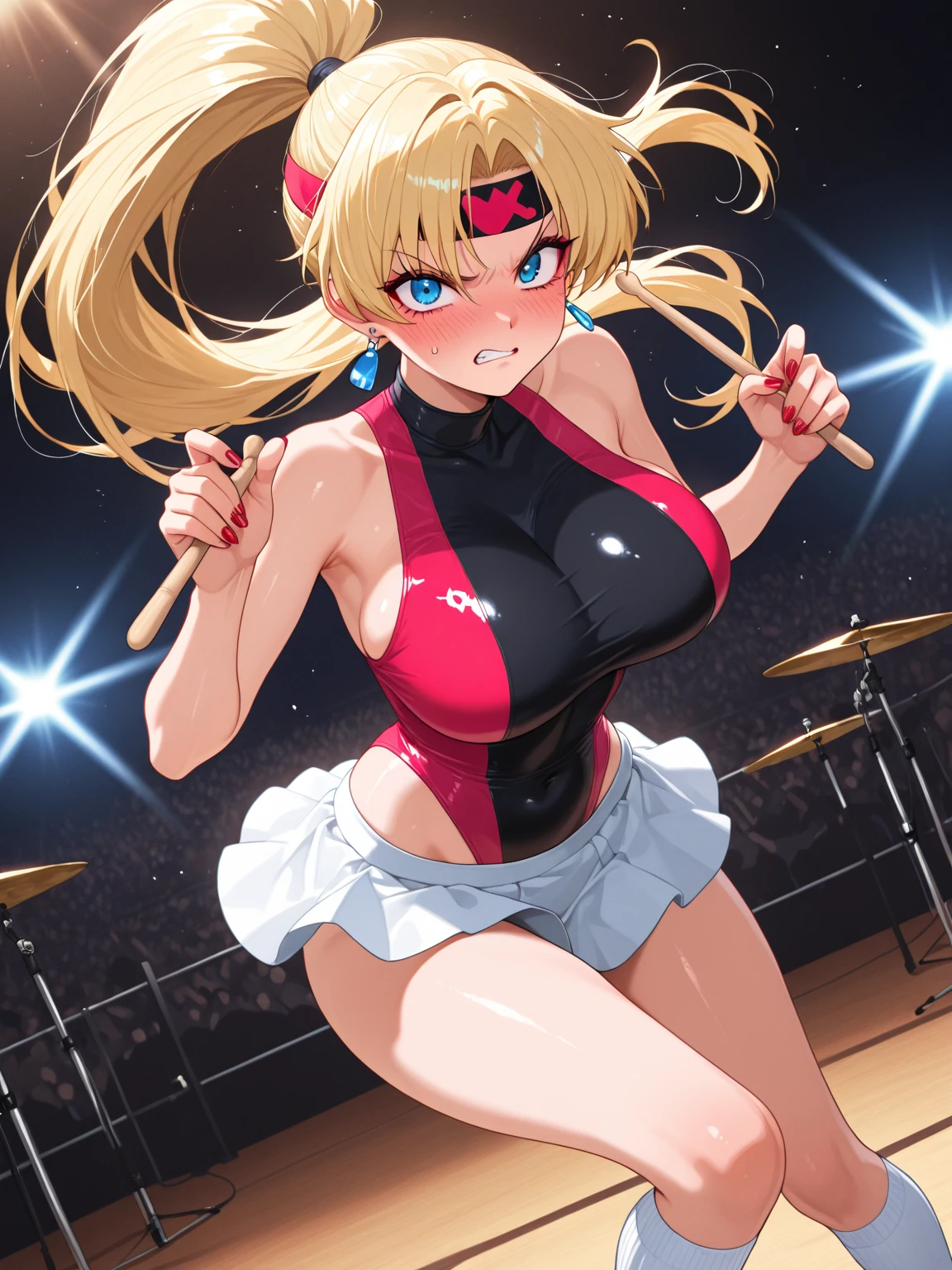 masterpiece, best quality, highest quality, photorealistic, perfect anatomy, perfect face, perfect eyes, JunkoDG, junko enoshima, 1girl, solo, adult female, dull blue eyes, strawberry-blonde hair, medium hair, twintails, huge breasts, tight cleavage, covered, thong bikini, black g-string, whale tail \(clothing\), bottom heavy, bubble butt, Apple_butt, dat ass, huge ass, bikini top, outdoors, (shortstacki:1.2), flat chest, covered, erect, narrow waist, flat toned stomach, soft toned abs, toned physique, cameltoe, fat mons, partially visible, long legs, thighs,