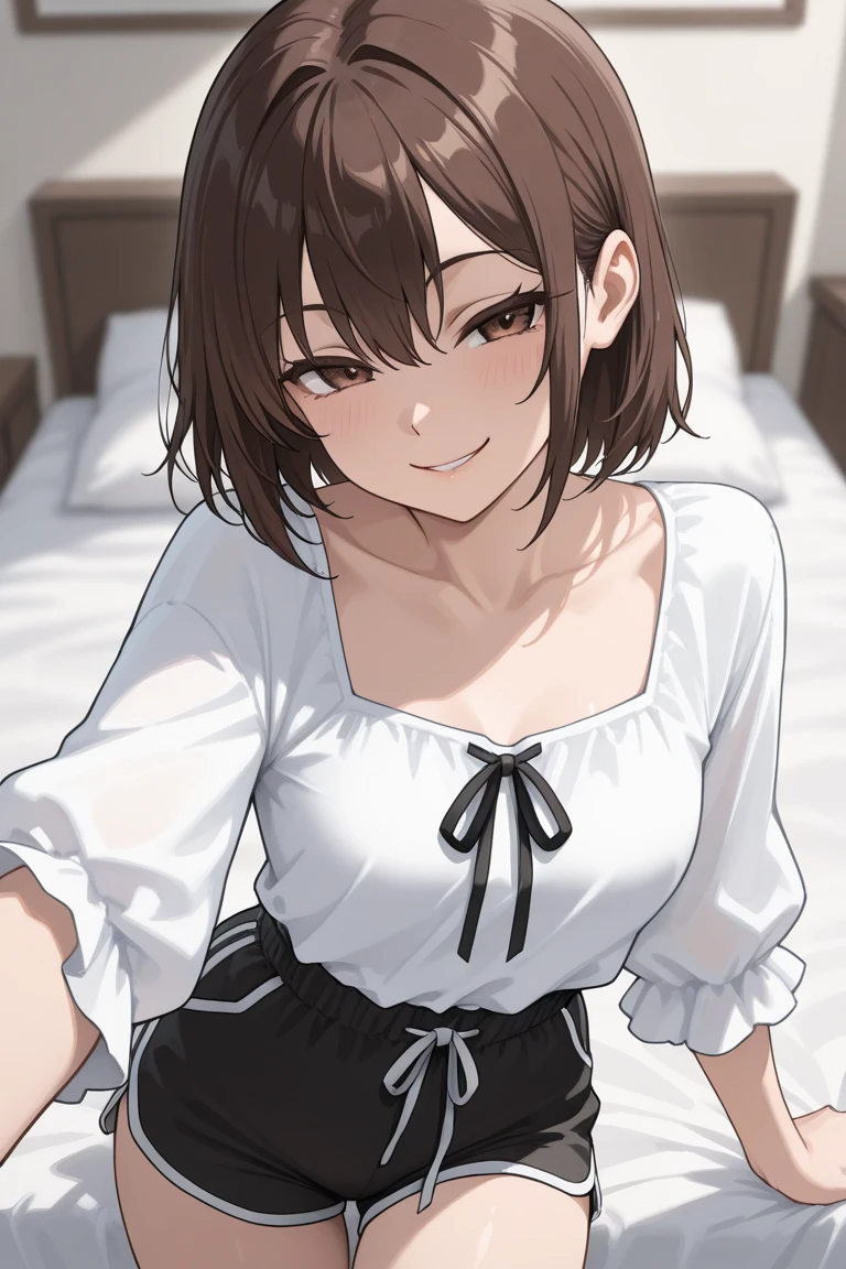 ((Tabletop, highest quality, High resolution, , Pixel perfect, 4K,))), 1 beautiful woman, private teacher、The whole body is visible、 ((Mid-wave hair, bangs, Brown Hair)), ((Brown eyes, Beautiful eyelashes, Realistic eyes)), ((Detailed face, Blushing:1.2)), ((Smooth texture:0.75, Realistic texture:0.65, Realistic:1.1, Anime CG Style)), middle size breast, Dynamic Angle, Perfect body, (( , , 、Frill apron, Maid Costume、Ruffled short sleeve shirt)),Luxury Bedroom、 Lying on the bed、、Very embarrassing panic smile, 、、、、(Floral lace panties are visible、Open your arms、Show your ass)、Angle from below)、