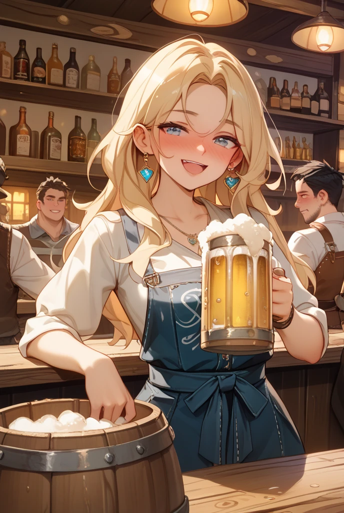High quality realistic Anime style, high definition high quality realistic, shaded, photorealism, Ray tracing, 8k, uhd, masterpiece, 1 European/Swedish girl, young and beautiful , blonde hair and blue eyes, light make-up, full size smile and a cherish expression, , medieval bartender, medieval style short skirt white shirt with a revealing appron, large breasts, with a tray filled with several beer cups, in a tavern crowded with adventurers at the background --auto