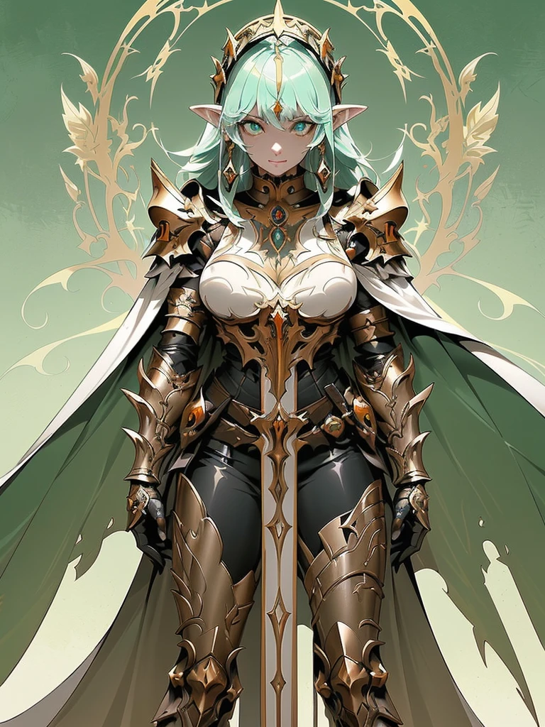 Copper bikini armor, copper crown, bare belly, big breasts, green hair, red eyes, bikini armor, copper, copper automaton, technology