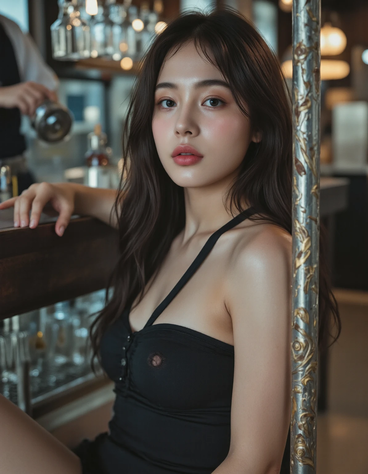 ((five fingers),((masterpiece), (best quality), ultra high res, (raw photo:1.2), (photorealistic:1.4), Exceptional detail, highres, 8k, absurdres, alcohol, many people behind, ((cigar lounge)), cigar,
CN Girl6, 1girl, long hair, black hair, realistic, BFShirt, Long BFShirt, cowboy shot, spread legs, bar, dark lightning, clothes sliding off, covering, covering breasts, covered nipples,
<lora:Chenchen_v2-000013:0.65>, <lora:BFShirtV1:0.7>