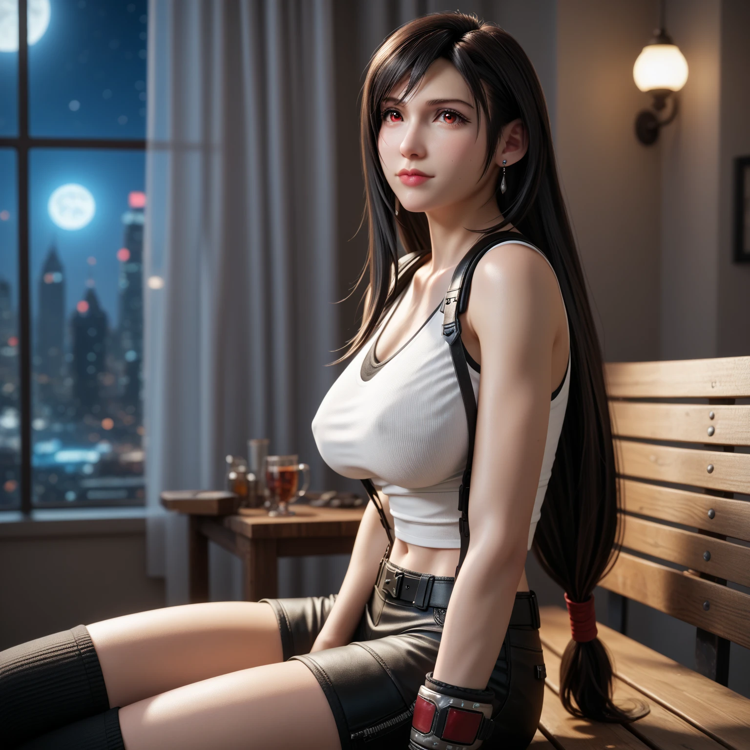 (top-quality, (Ultra high definition,4K), (超A high resolution:1.3, in 8K),masutepiece:1.2), (outstanding composition), (Perfect Anatomy,Anatomically accurate), (Soft lighting, rendered), (((Sitting on a sofa in the lobby of a luxury hotel, Sexy open legs))), ((Atifa_Lockhart like)), (Ruby-like red eyes), (爆乳:1.6), Focus on the lower body, (energetic and healthy girl), (Photorealsitic), ((Bright lighting)), (White tank top), (suspenders), ((Black leather miniskirt)), Watch viewers, (Crisp double eyelids), (fascinated expression), (Textured skin), (Soft skin)