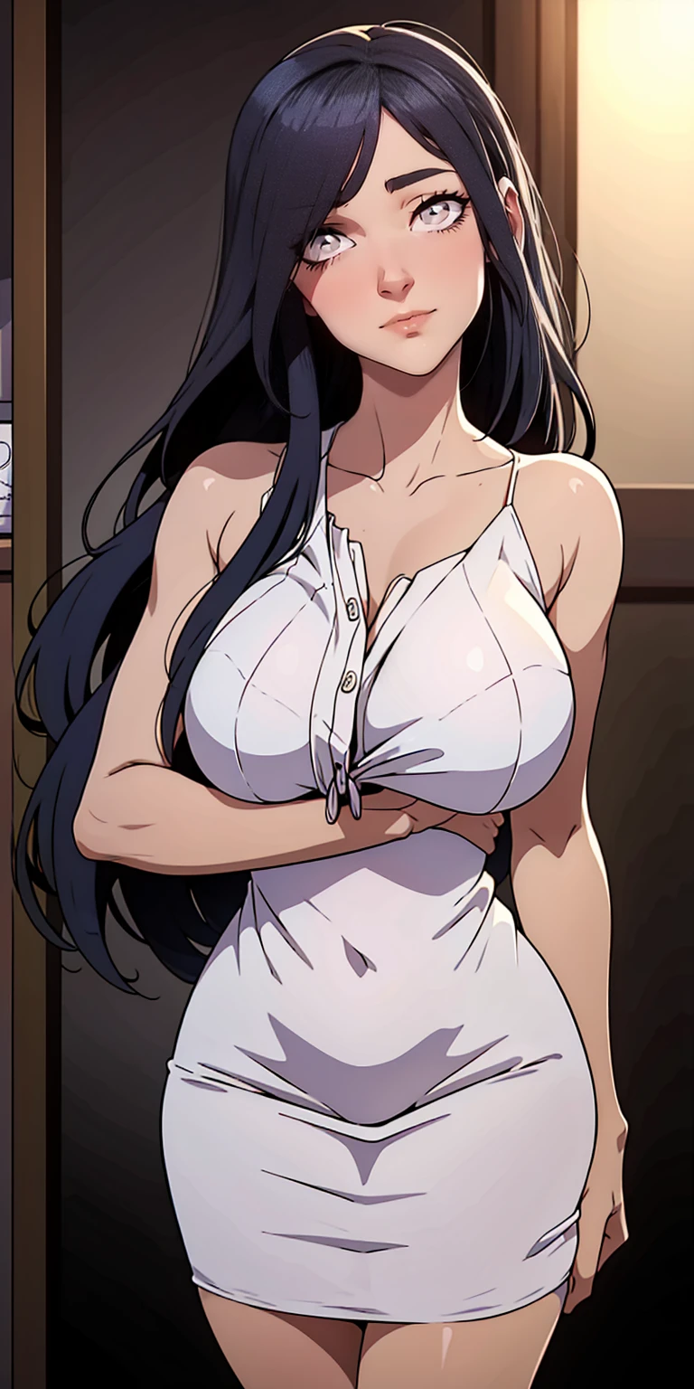 8K, masterpiece, very detailed, anime style, alone, A breathtakingly beautiful 1girl,(naked apron:1.4),(view from below:1.4),(masterpiece:1.5),(night:1.5),very accurate and detailed,ultra high resolution,extremely detailed CG unity 8K wallpaper,(realistic,Photoreal,超realistic:1.5),(curve,model,Glamour:1.5),beautiful breasts,beautiful detailed shadows,beautiful eyes,beautiful body,beautiful skin,beautiful hands,(aesthetic anime eyes:1.4),(bright room:1.4),(26 years old:1.4),1 girl,looking at the viewer,(enchanting smile:1.4),(living room:1.4), black hair,(turn your arms behind your back:1.4),long straight hair,(brown eyes:1.4),big breasts, (chest comes out:1.2),Are standing,sculpture pose abdomen, clavicle, (night間:1.4), Sweat, (cowboy shot:1.4),