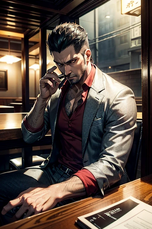 1boy, handsome, black hair, smoking cigarette, sitting in room, bandaged wrists, . scars around lower mouth, scars, bloody, serial killer, bloody, blood everywhere. psychopath, sociopath, suit, Mafia boss, scotch glass in one hand cigaratte in the other.