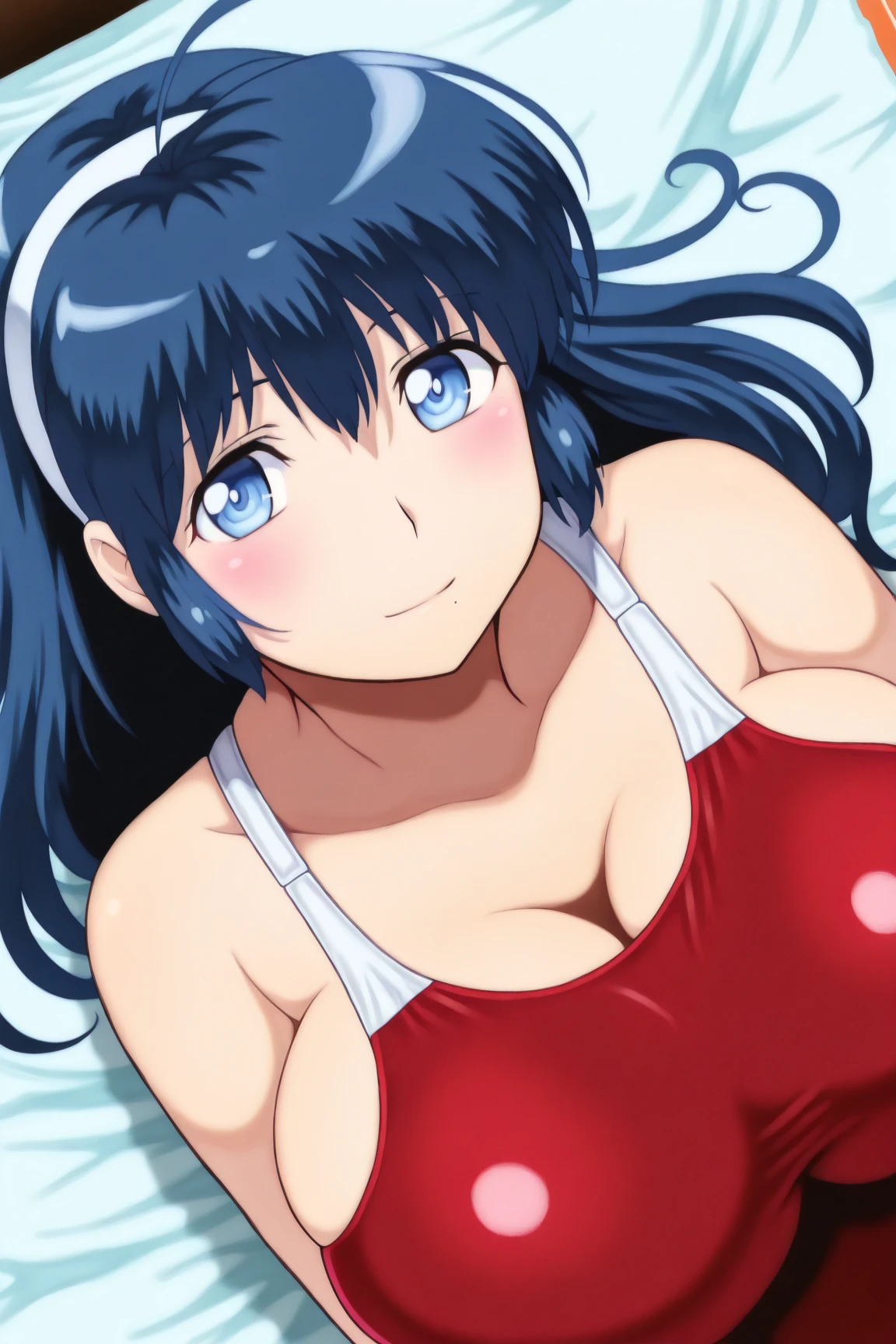 Duo, score_9,score_8_up,score_7_up, source_cartoon, source_anime, 2 people, and a tall thick lightskin woman with long dark blue hair and brown eyes wearing a blue one piece swimsuit, a big black man with big penis, barefoot, woman's breast are exposed, woman is laying down, woman is giving man a boobjob, nsfw