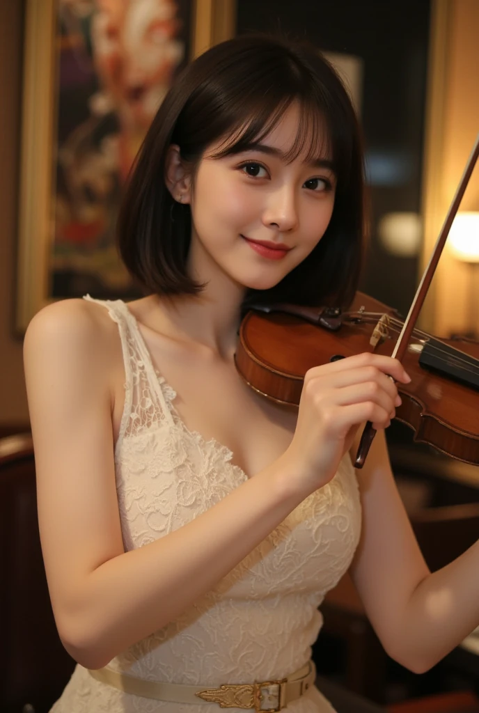 alone,Sexy and provocative smile, (Shiny skin:1.05),(blush:0.9),(Skin dents:1.15),Realistic, Tabletop, Highest quality, High resolution,Absurd, (Perfect Face:1.1), ,(Highest quality,8K,32k,masterpiece,Hmph:1.3),超High resolution,(Photorealistic:1.4),RAW Photos,Beautiful Hair, Sexy Long Dress, Cleavage,,Medium Full Breasted,stage of concert hall, Detailed Background, Perfect lighting, Written boundary depth, Beautiful shadow gradation,Grand piano１Tower、Back View Pump,Solo Plan,Playing while sitting on a piano stool,１Towerのピアノ,