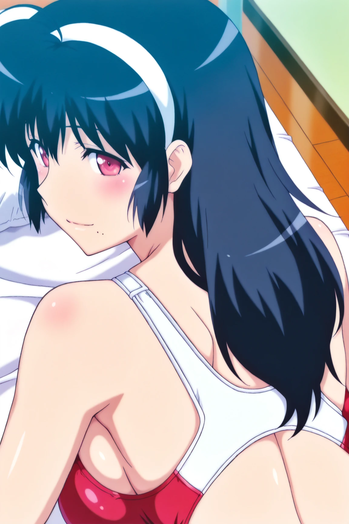 aihoshinonova, 1girl, solo, long hair, bangs, purple hair, purple eyes, star-shaped pupils, :o, sad eyebrows, blush, medium breasts, (girl rides on top of guy perfectly:1.3), (girl having sex:1.9), (without clothes:1.9)