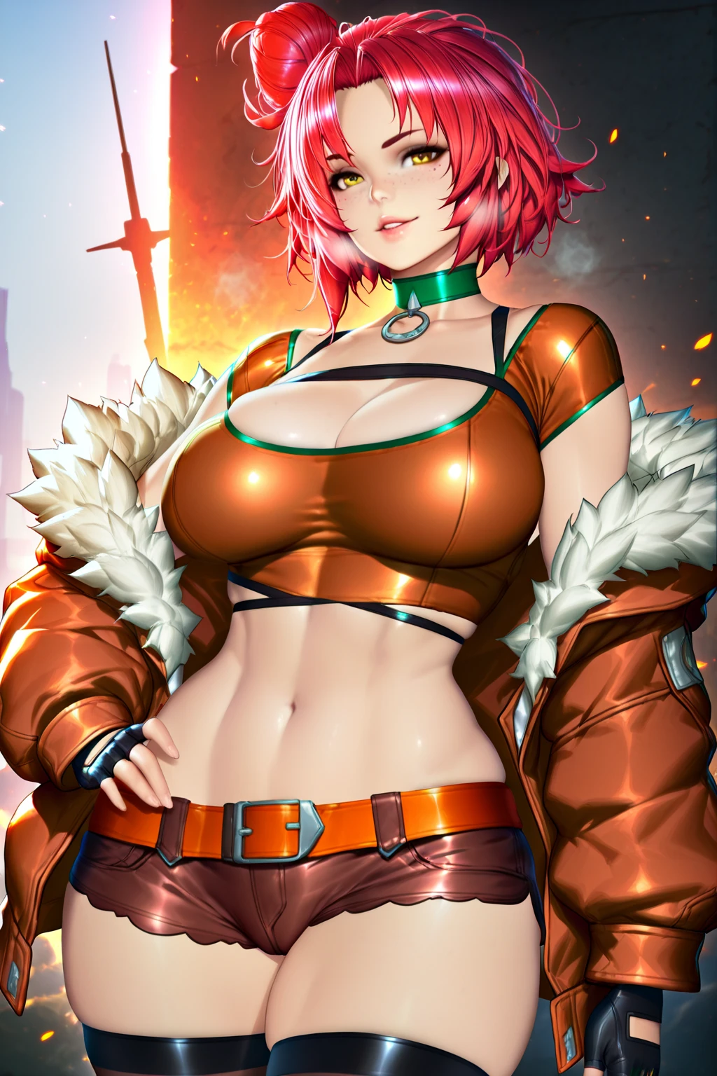 (neoartcore-style:1.2), (zonda_(solid_air)-style:0.8), ((anatomical correct)), ((embers)), ((Cinematic, unreal engine, eye-catching, ambient occlusion, UHD, masterpiece)), ((perfect lighting)), perfect body, perfect eyes, perfect fingers, gasping, heavy breathing, gasping profusely, ((skindentation)), ((curvy)), Murata Himeko, short hair,messy hair,hair up,single hair bun,hair one side up,forehead,parted bangs,yellow eyes, plump, 1girl, breasts, shorts, thighhighs, solo, navel, fur_trim, cleavage, crop_top, freckles, choker, jacket, gloves, belt, midriff, black_thighhighs, looking_at_viewer, short_shorts, fingerless_gloves, brown_shorts, smug, makeup, fur-trimmed_jacket, parted_lips, explosive, thighs, cowboy_shot, off_shoulder, green_choker, lips, fur-trimmed_shorts, ((flabby stomach))