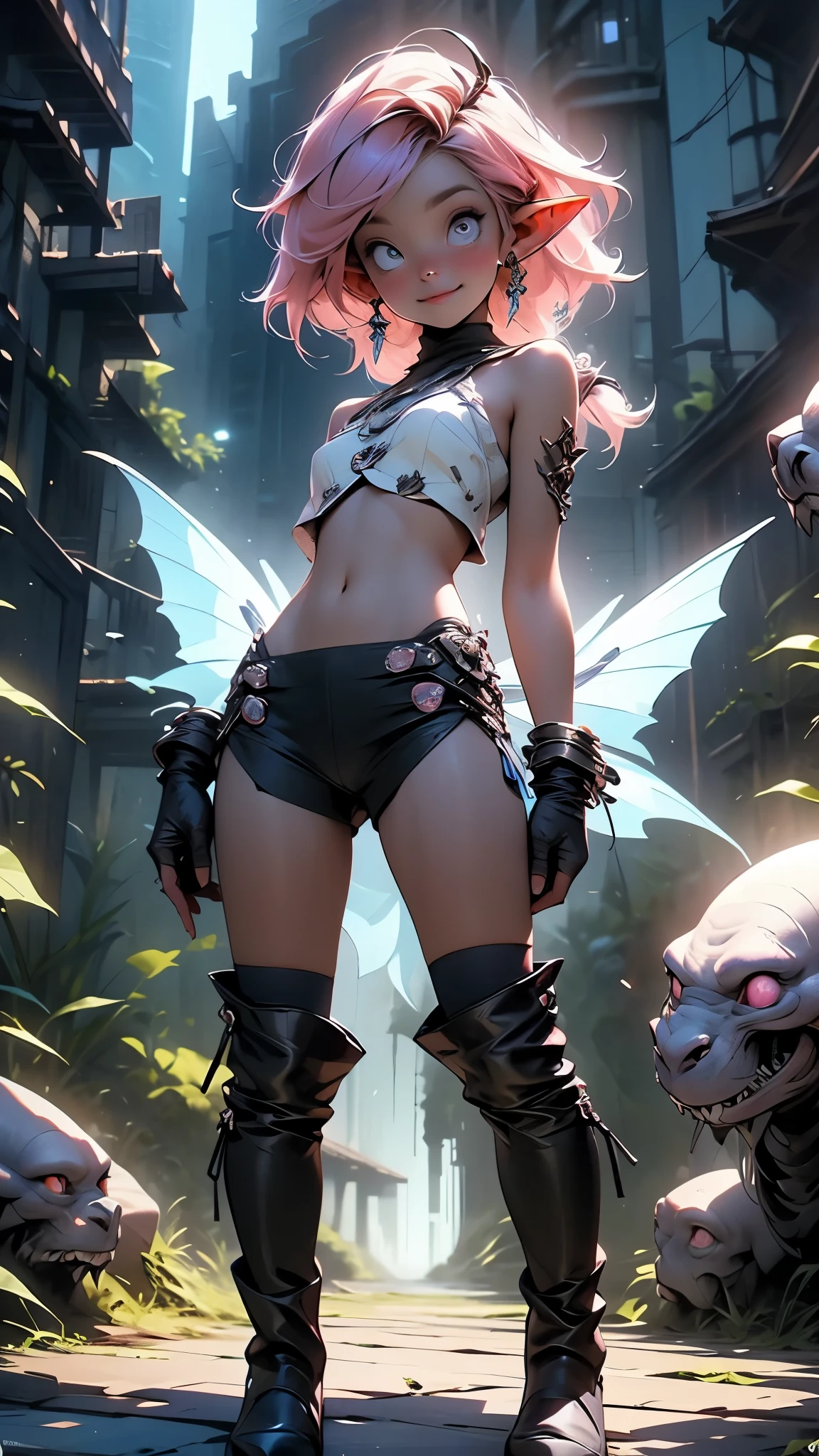 (masterpiece, best_quality, ultra-detailed, immaculate:1.3), epic, illustration, 1girl, (steampunk Vaporwave:1.3), succubus, wings, full body, lingerie, (:formal costume design, :0.2:0.9524), official art, (african, dark skin:0.6), dramatic dark red-orange lighting , in a moody, verdant meadow with rolling hills, bombshell hair, ginger hair, Emo Cut, bombshell hair, paw pose