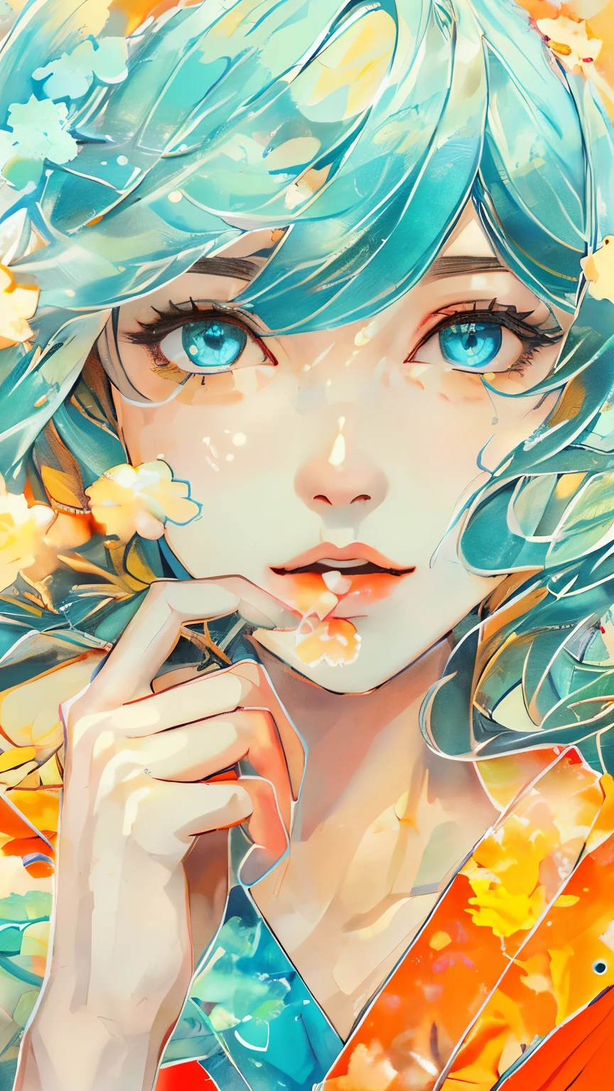 Visualize an anime-style portrait in a modern, vibrant digital illustration style with strong ties to the visual language of anime and manga. The portrait features a young woman with bright, sparkling blue eyes. Her hair is a vibrant mix of orange and yellow hues, resembling a beautiful sunset, cascading around her face. She is gently holding a mischievous, blue-winged butterfly perched on her finger, gazing at it. The background is a dynamic kaleidoscope of colors, with clear hints of ocean blue, sky blue, and sunshine yellow, capturing the cheerful and vibrant essence of a summer day. Consider a high-quality output with a 9:16 aspect ratio.