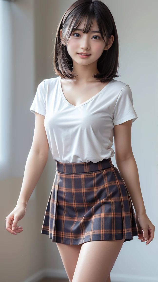 High resolution, high resolution, High detail, masterpiece, Rough skin, Anatomically correct, sharp, Gray background((Japanese beauty, 20-year-old)), alone, Shapely large breasts, Straight light brown hair that reaches the shoulders, Slender figure (((Stand upright, Facing the center of the screen.))), Close your mouth and look ahead with a serious face, Pure white T-shirt, red plaid miniskirt, Full body photo, View from knees