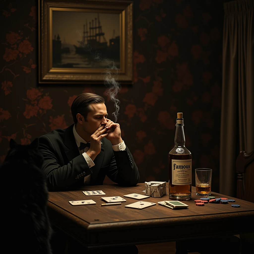 (masterpiece, best quality: 1.2), detailed face, (soft colors: 1.2, dark studio, edge lighting, two-tone lighting, dim, low-key,), 1930s poster\ (style\), black detective movie, (black atmosphere: 1), gloomy atmosphere, emphasis on black color, 1930s (/style/), private detective sitting at a table drinking whiskey in a private detective office, man in detective suit, fashion trends on ArtStation, trends on CGSociety, by The complex, highly detailed, dramatic, and realistic painting art created by Midjourney and Greg Rutkowski,