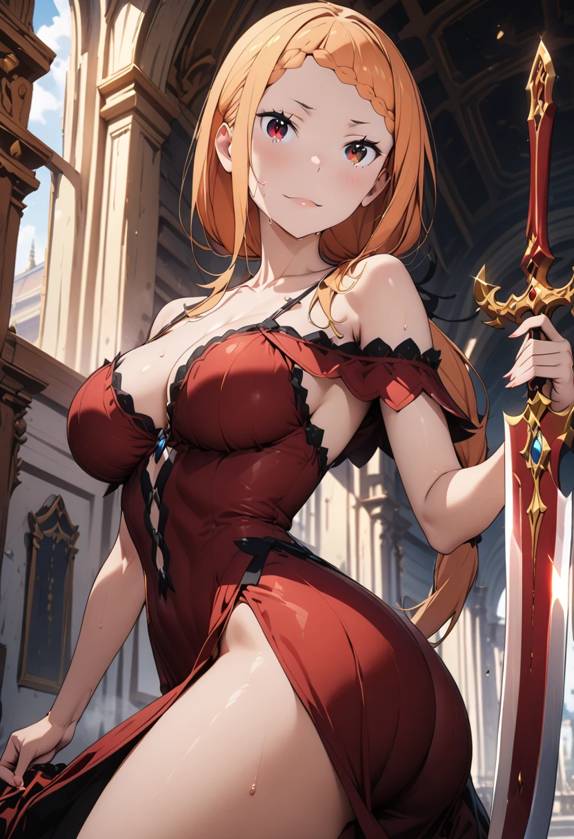 ((greatest masterpiece:1.3, ultimate quality:1.3, ultra-detailed:1.2)), (movie lighting), ((perfectly sensual)), super fine illustration, an extremely delicate and beautiful, 4K, 8K, 16K, UHD, 1girl, solo, Mordred (Fate/Grand Order), vibrant blonde hair, short ponytail, lustrous emerald eyes, large breasts, cleavage, anatomically perfect, beautiful detailed face, confident smile, perfect posture, tank top, spats, javelin thrower, javelin thrower uniform, competition javelin, throwing pose, moment of release, cinematic angle, official art style, daring composition, sexy, flawless AI-assisted, world-class artwork, 