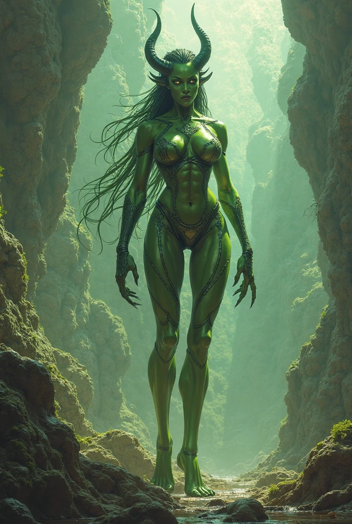 Beautiful teen, naked in forest, dark green skin, small breasts, brown straight hair, dark hairy bush, dark pubic hair, jungle girl, green skin all over body, green nipples, cat like human face, large eyes