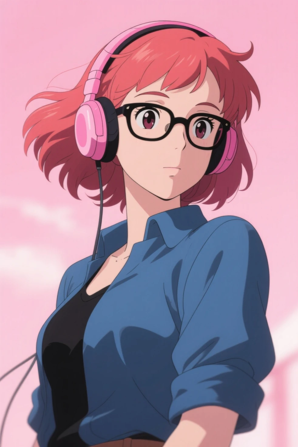 master piece, best quality, 8k, ultra high resolution, highest quality, anime style, best writing, beautiful face
((very detailed背景、delicate pattern、intricate details))、(very detailed、fine details)、beautiful lighting、((medium breasts、slim girl))、1 girl、lilith、
(bangs that cover one eye) 、((bright orange hair))、headphones、purple eyes、(navy blue jacket:1.2)、((pink bodysuit))、intricate detailed background、internal、castle room environment、medieval castle、gray wall、window、bookshelf、(extreme close up:1.3)