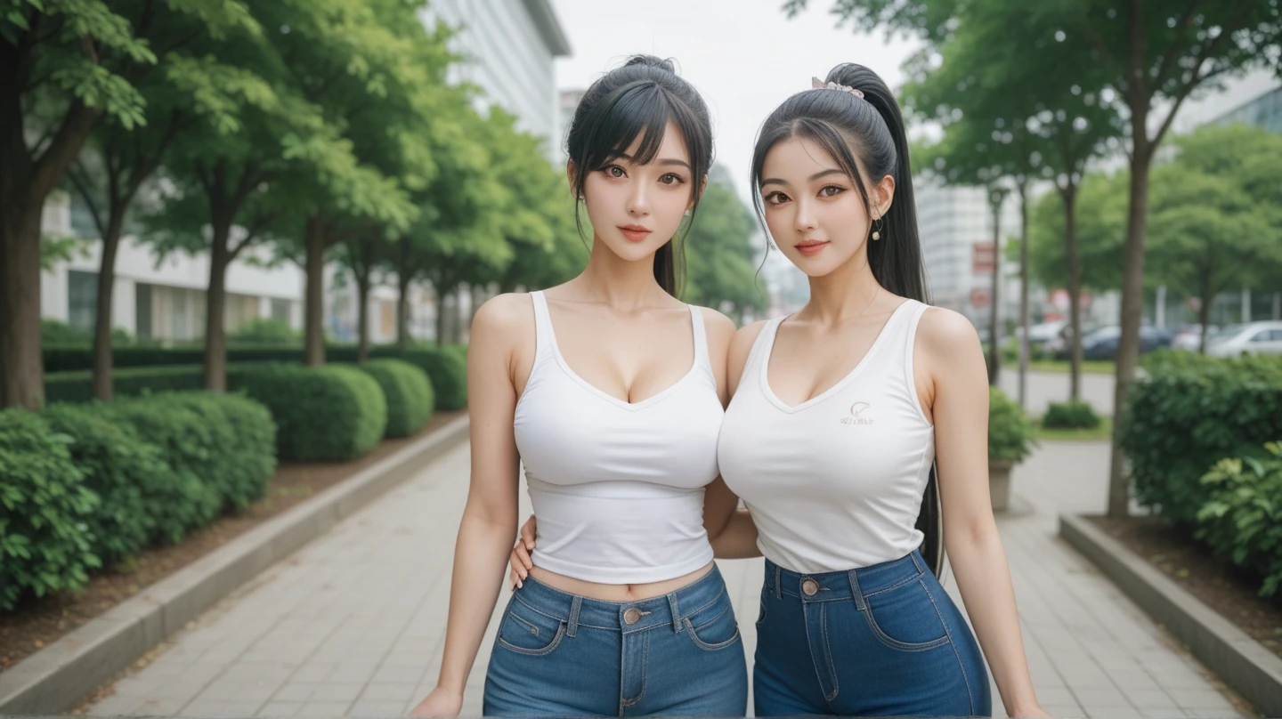 8k,twin sisters,super beautiful(like the real thing),My older sister is cool and short and has very big breasts.,lean muscular body,sexy,clear eyes,black eye,cool smile,black long perm,black jeans,compensate,super realistic skin,My sister is tall and muscular., muscular slim body,Severely cracked abdominal muscles,Big eyes,black eye,light brown hair ponytail,派手なcompensate,blue jeans,A bold smile,masterpiece,Photorealistic RAW photos of the highest quality。bright colors,rich colors, Backlight, cinematic lighting, film grain, to be born, 50mm lens, Nikon D850,detailed character art,fantasy art,ultra high resolution,super realistic skin,perfect hand shape,In front of an abandoned temple,beautiful expression,Close-up,beautiful sisters(like the real thing),Makeup,