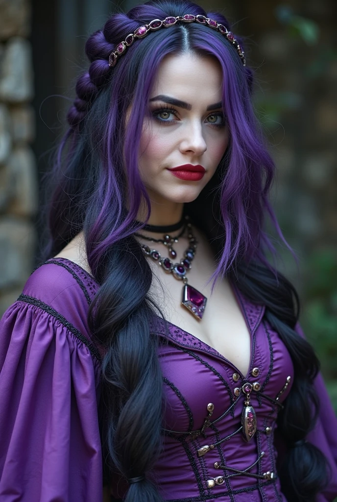 Title: "Midnight's Enchantress"
RAW-Foto, 1Woman:1.5, (Sexy Short Native):1.1, Witch, Purple Highlighted Hair:1.3, Apple:1.2, Dark Romance Cover, Man:1.2, Suit:1.1, Long Dark Hair:1.3, Tattoos:1.1, Fade off at sides:1.2,
This captivating image portrays a seductive and enchanting Native American woman, dressed as a witch, with a dark and alluring aura. Her hair cascades in purplish locks